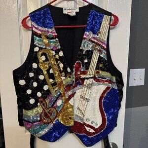 Vintage Sequin Beaded Costume Musical Instrument Tie Back Vest Guitar Trumpet